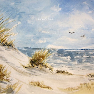 Beachscape, Print Of Original Watercolor Landscape Painting, watercolor art, seascape painting, beach shore, sand dunes, summer painting.