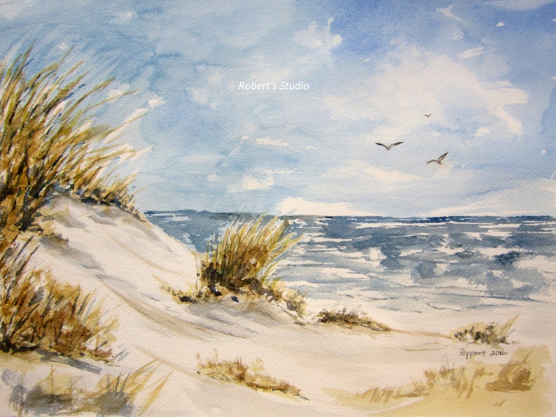 Beachscape, Print Of Original Watercolor Landscape Painting, watercolor art, seascape painting, beach shore, sand dunes, summer painting. image 1