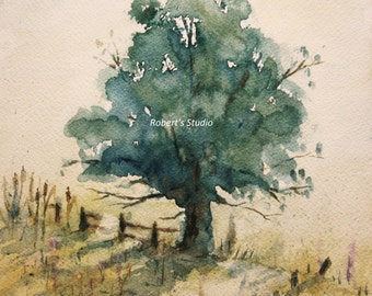 Landscape, Print of Original Watercolor Painting, to be used in the TV series Us & Them, landscape painting, tree art, home decor, archival