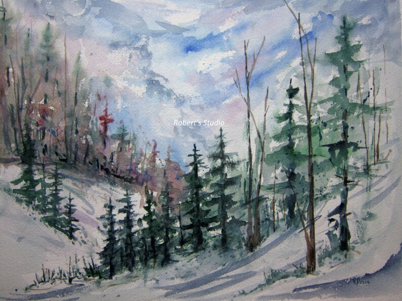 Print of Original Watercolor Landscape Painting, nature art, watercolor art, winter landscape, forest art, home decor wall art. image 1