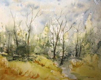 Watercolor Landscape Painting archival print, watercolor art, landscape painting, forest painting, woodland landscape, tree art, forest art.