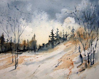Winter Landscape Print of Original Watercolor Painting, watercolor art, watercolor print, winter painting, country landscape.