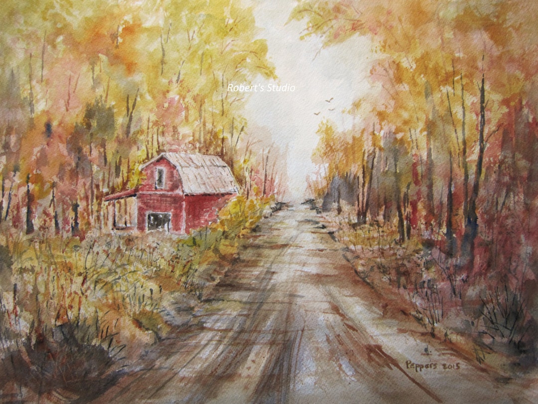 Watercolor Landscape Painting Print, Country Landscape, Fall Painting ...