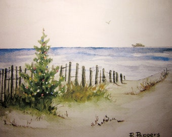 Christmas Shore, Print of Original Watercolor Painting, watercolor landscape winter beach painting, Christmas Tree holiday wall decor.