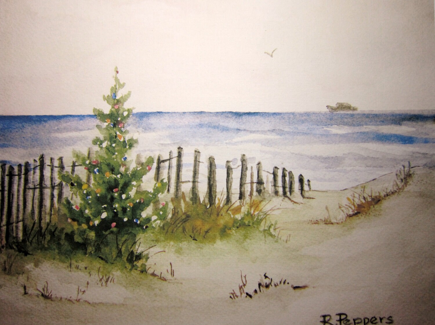 Christmas Shore, Print of Original Watercolor Painting, watercolor landscape winter beach painting, Christmas Tree holiday wall decor.