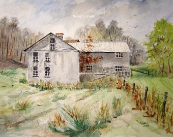 Watercolor Landscape, archival print, watercolor barn painting, gray barn, scenic painting, country farm scene, watercolor art