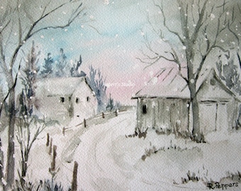 Winter Snow, watercolor print watercolor art winter landscape, winter painting, landscape painting.