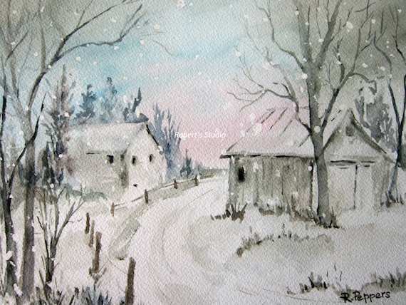 Winter Snow, watercolor print watercolor art winter landscape, winter painting, landscape painting.