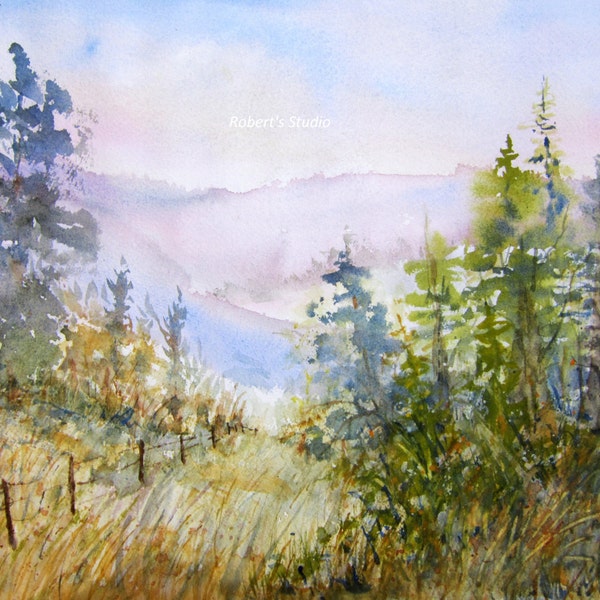 Watercolor Landscape Painting, archival print, scenic mountain view, woodland, country landscape, grassy field, nature, scenic view.