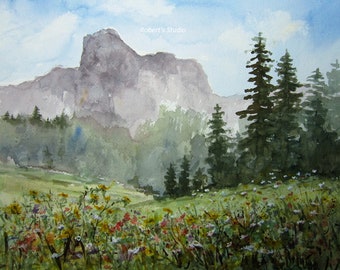 Watercolor Landscape Painting, archival print, scenic mountain view, mountain meadow, country landscape, flower field, nature, scenic view.