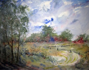 Watercolor Landscape Painting, watercolor painting, watercolor art, archival print, landscape painting, woodland painting, country landscape