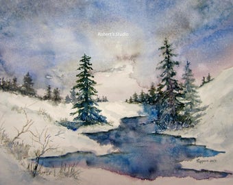 Watercolor Landscape, archival print, winter painting, winter landscape, scenic painting, woodland snow scene, watercolor art, snowfall