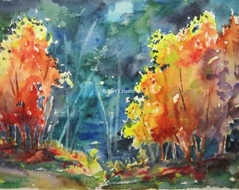 Autumn Trees, Print of Original Watercolor Landscape Painting, watercolor art, watercolor print, Fall Forest painting, Autumn Landscape