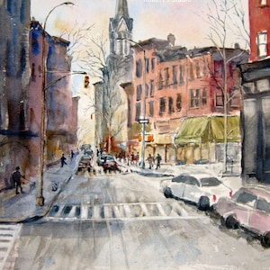 New York City Print Of Original Watercolor Painting, city street scene, Carroll Gardens, Brooklyn urban landscape watercolor art, cityscape.