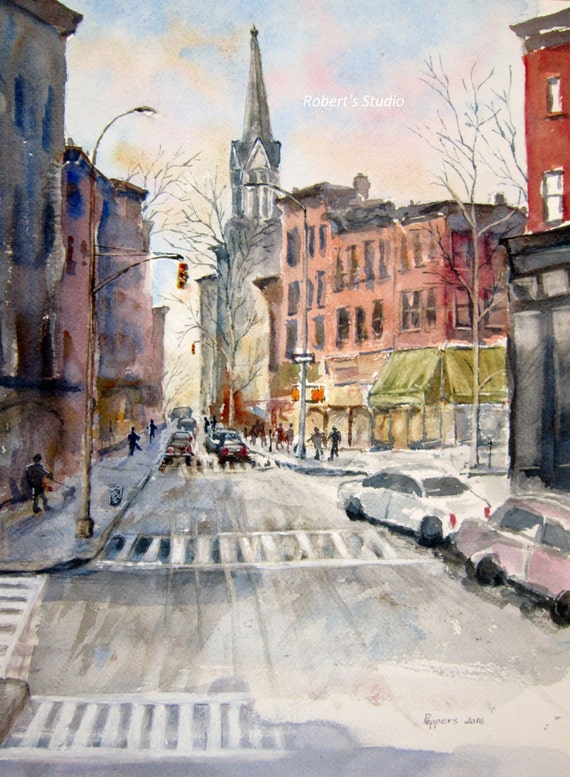 Dessin Aquarelle Du Paysage Urbain De New York, États-Unis