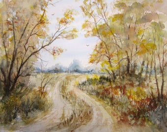 Fine Art Print of original watercolor painting, autumn watercolor landscape, forest painting, fall woodland painting, country watercolor.