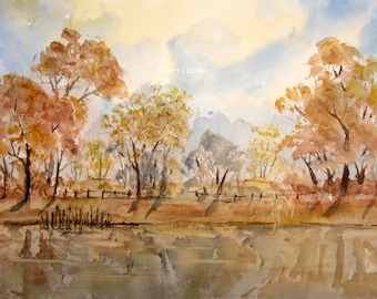 Watercolor Landscape, autumn print, archival print, autumn landscape painting, fall painting, autumn lake, country hills, nature painting.