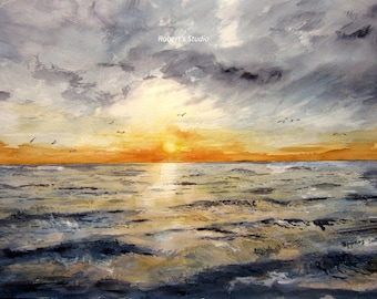 Watercolor Seascape archival print, landscape painting, ocean sunset, ocean painting, beach, nautical, sea gulls, watercolor art.