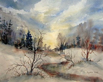 Winter Landscape, Archival Print, watercolor painting, watercolor art, winter snow painting, winter landscape, nature print, winter woods.