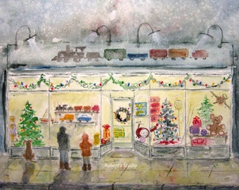 Christmas Painting, watercolor landscape, Print of Original Watercolor Painting, winter snow landscape toy store shopping watercolor print.