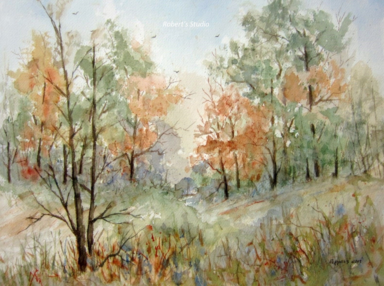 Watercolor Landscape Painting Print autumn woods watercolor Etsy
