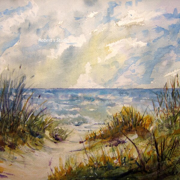 Original Watercolor Landscape Painting 12X16, watercolor painting, watercolor art, seascape painting, beach painting, beach watercolor beach