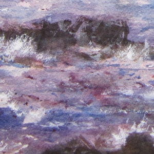 May include: Abstract watercolor painting of a stormy sea with purple, blue, and white hues. The painting depicts a rocky outcrop in the distance, with waves crashing against it.