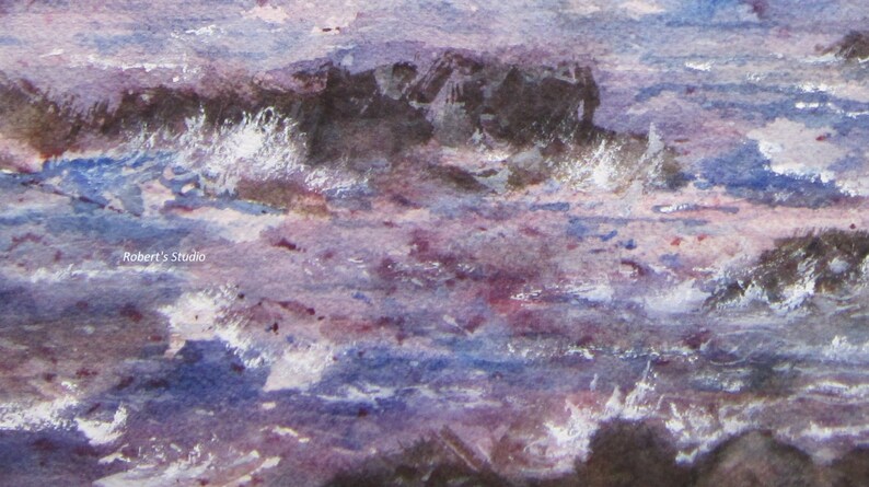 May include: Abstract watercolor painting of a stormy sea with purple, blue, and white hues. The painting depicts a rocky outcrop in the distance, with waves crashing against it.