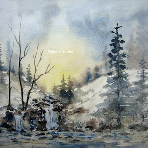 Watercolor Landscape Painting Print, watercolor painting watercolor art, landscape painting, winter painting, winter landscape, nature print