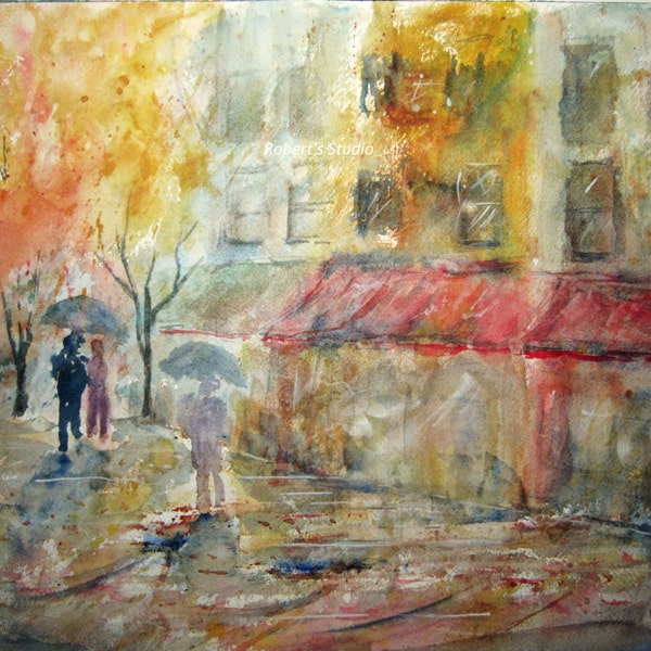 A Rainy Day, Art Print of Watercolor Landscape Painting, cityscape, street scene art, city street painting, rainy day walk, watercolor art