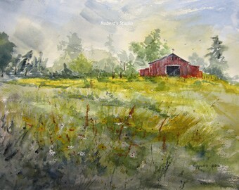 Watercolor Landscape, archival print, country landscape, country art, summer painting, meadow wildflowers, country barn, flower field