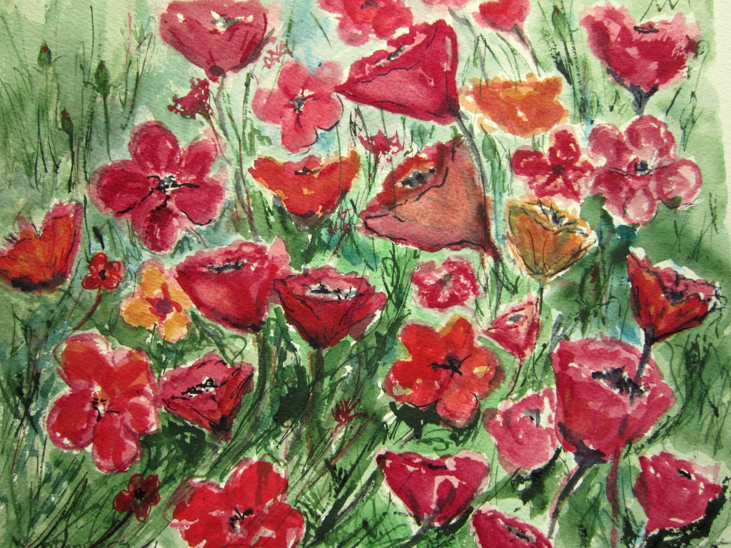 Flower Field Print of Original Watercolor Painting watercolor | Etsy