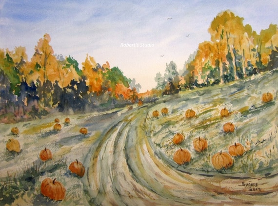 Autumn Landscape, Pumpkin Field, Print of original watercolor painting, fall landscape, autumn decor, Halloween, Thanksgiving, fall trees