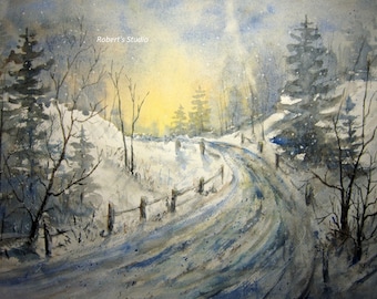 Fine Art Print of original watercolor landscape painting, art print, snow painting, winter landscape, watercolor art, snowfall.