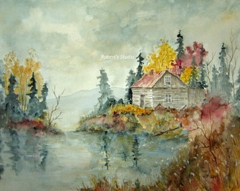 Archival Print Of Original Watercolor landscape painting, autumn landscape, fall painting, lake cabin, country landscape, scenic, nature