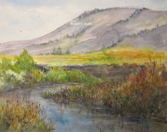 Original Watercolor Landscape Painting, country landscape, mountain creek, mountain landscape painting, mountain view, grassy field, scenic