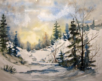 Fine Art Print of original watercolor painting, watercolor landscape, snow painting, winter painting, watercolor art, snowfall, winter scene