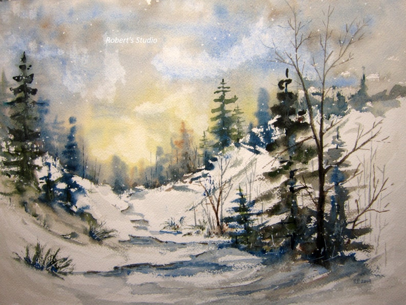 Fine Art Print of original watercolor painting, watercolor landscape, snow painting, winter painting, watercolor art, snowfall, winter scene image 1