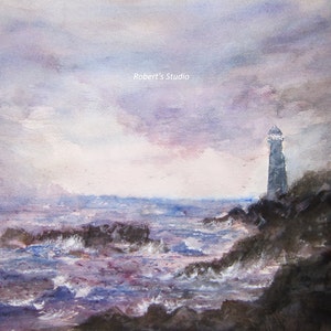 May include: A watercolor painting of a lighthouse on a rocky coast with a stormy sea. The sky is a soft purple and gray, and the waves are crashing against the rocks. The lighthouse is tall and white, with a black roof. The painting is signed "Robert's Studio" in the upper right corner.