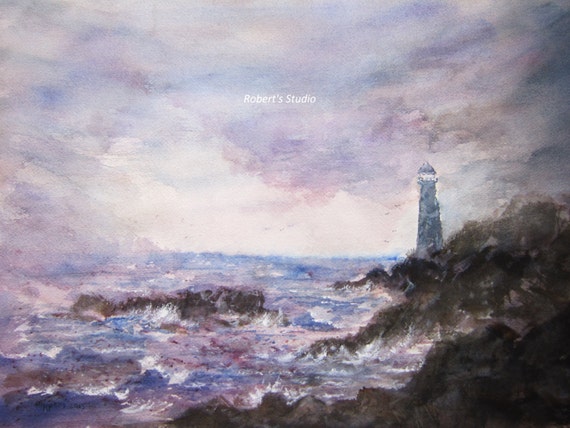 Seascape, archival print, nautical painting, lighthouse painting, ocean painting, watercolor landscape, coastal painting, watercolor art