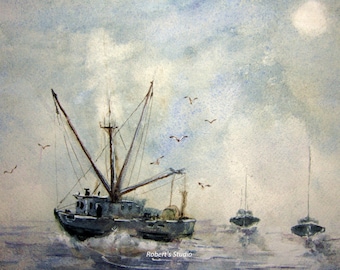 Fine Art Print of original watercolor painting, seascape, art print, fishing boat painting, nautical painting, watercolor print.