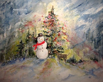 Print Of Original Watercolor landscape painting, winter painting, snowman painting, Christmas painting, winter landscape, Christmas tree