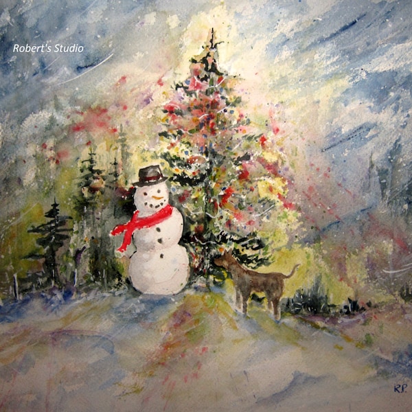 Print Of Original Watercolor landscape painting, winter painting, snowman painting, Christmas painting, winter landscape, Christmas tree