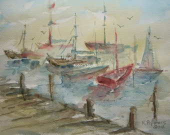 Seascape, Print of Original Watercolor Painting, watercolor art, watercolor print, boats dock fishing watercolor landscape, nautical art