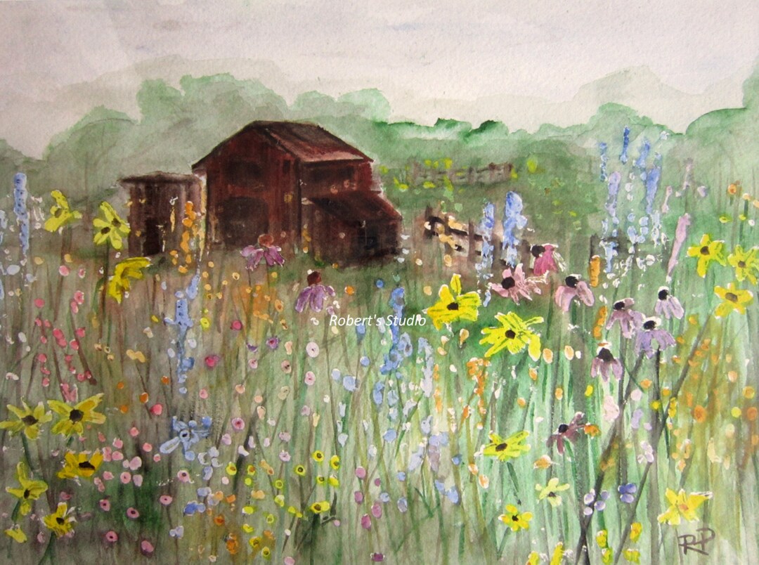Field of Flowers, Print of Original Watercolor Painting, Barn Painting, Flower Field, Watercolor