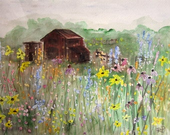 Field Of Flowers, Print of Original Watercolor Painting, barn painting, flower field, watercolor art, watercolor print, wildflower art.