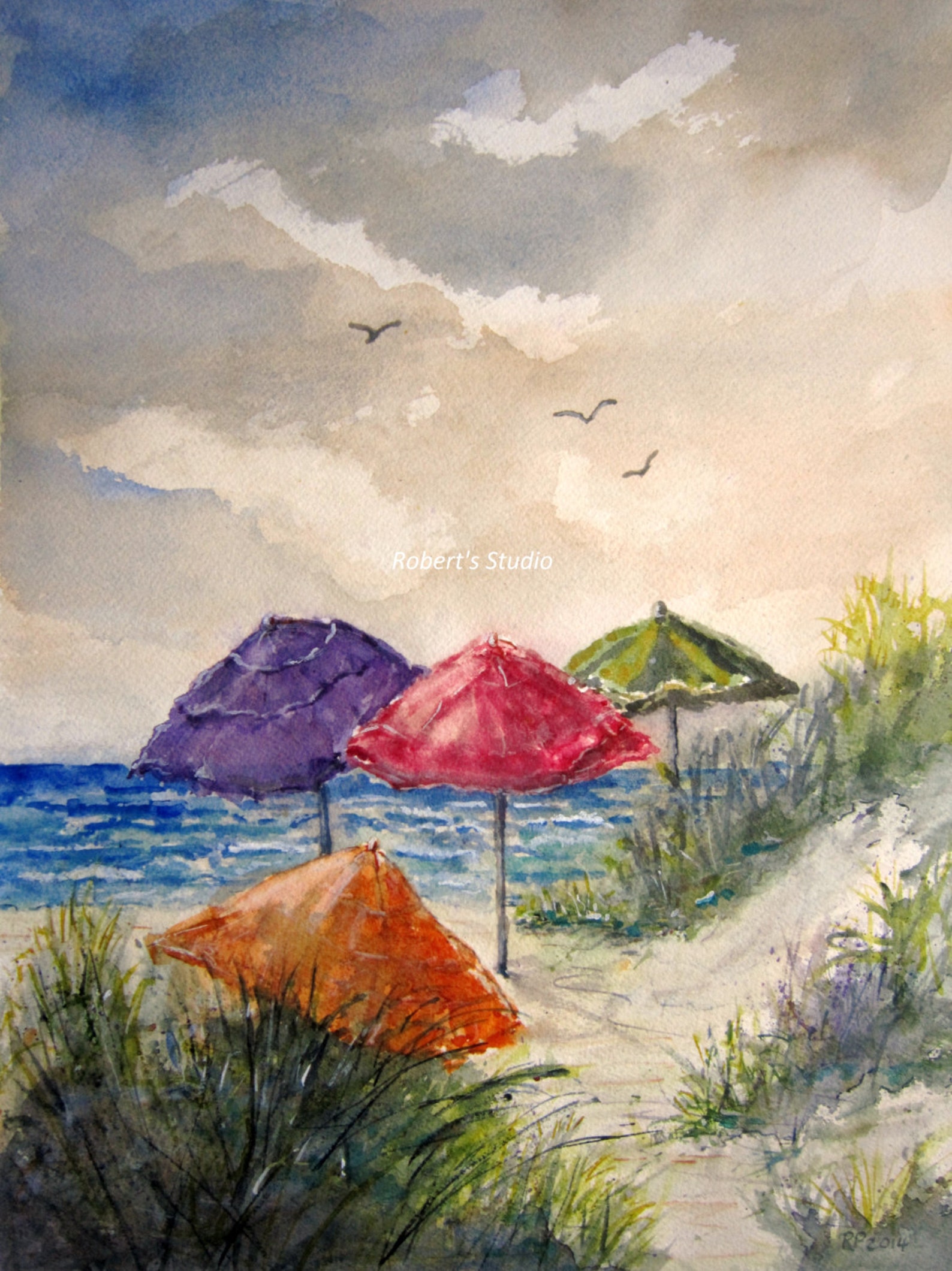 Beach Umbrella Print of a Watercolor Seascape Painting Art Etsy