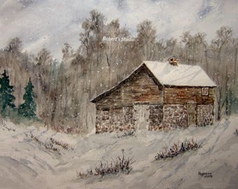 Watercolor Winter Landscape, watercolor barn painting, archival print, winter barn, scenic painting, woodland snow scene, watercolor art