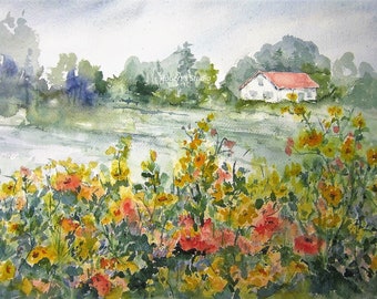 Field Of Flowers, Print of Original Watercolor Painting, flower painting, flower field, watercolor art, watercolor print, wildflower art.
