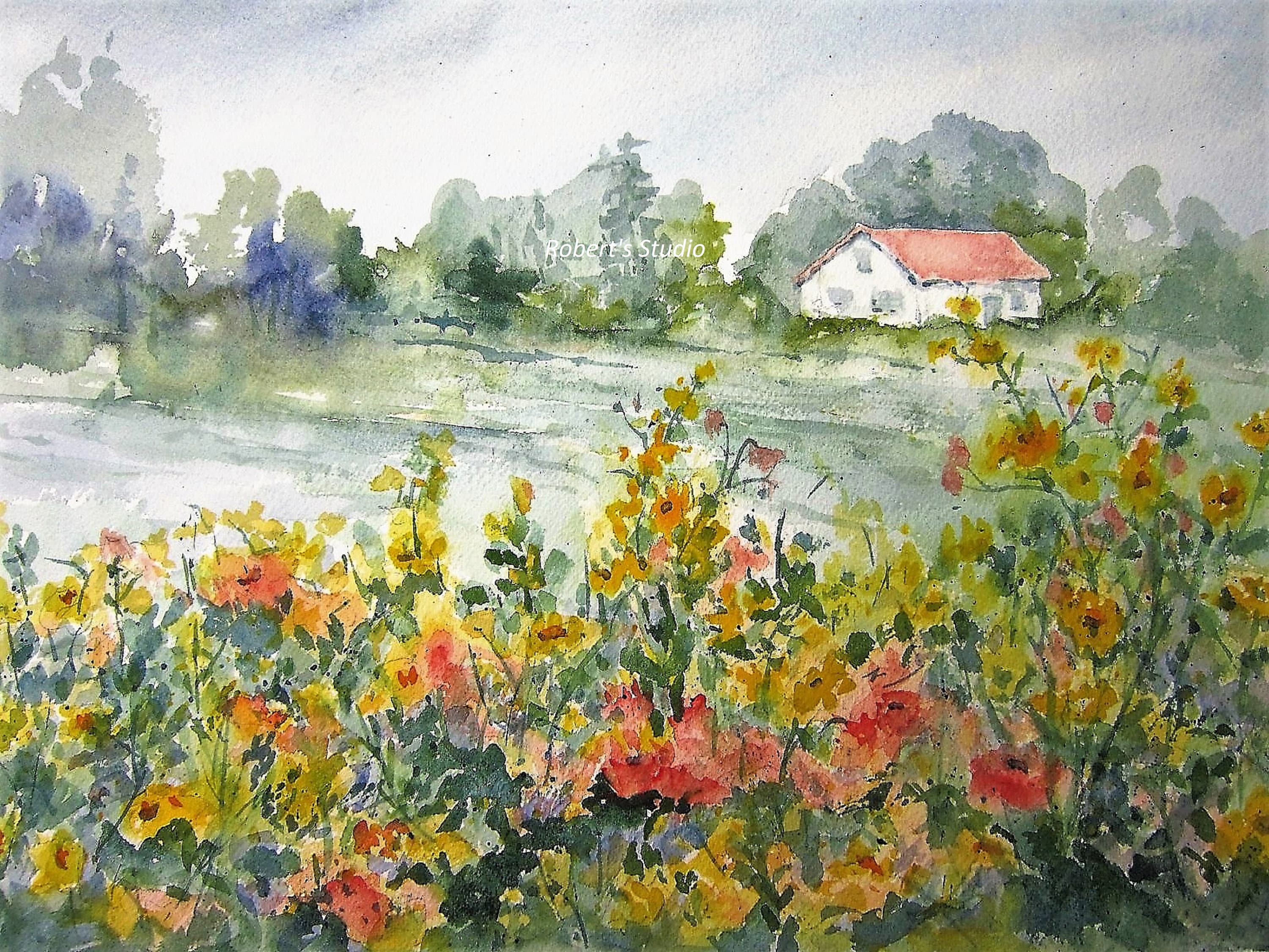Field Of Flowers Print Of Original Watercolor Painting Etsy